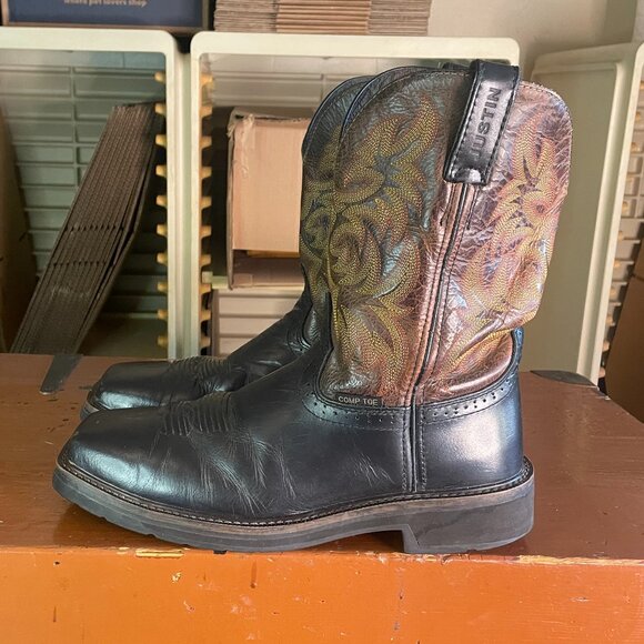 JUSTIN Men’s Size 10 D Composite Toe Black Brown Cowboy Work Boots WK4818 - Picture 2 of 11